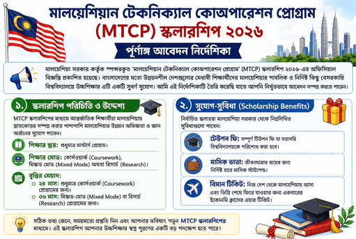 মালয়েশিয়ান টেকনিক্যাল কোঅপারেশন প্রোগ্রাম (MTCP) স্কলারশিপ ২০২৬ পূর্ণাঙ্গ আবেদন নির্দেশিকা